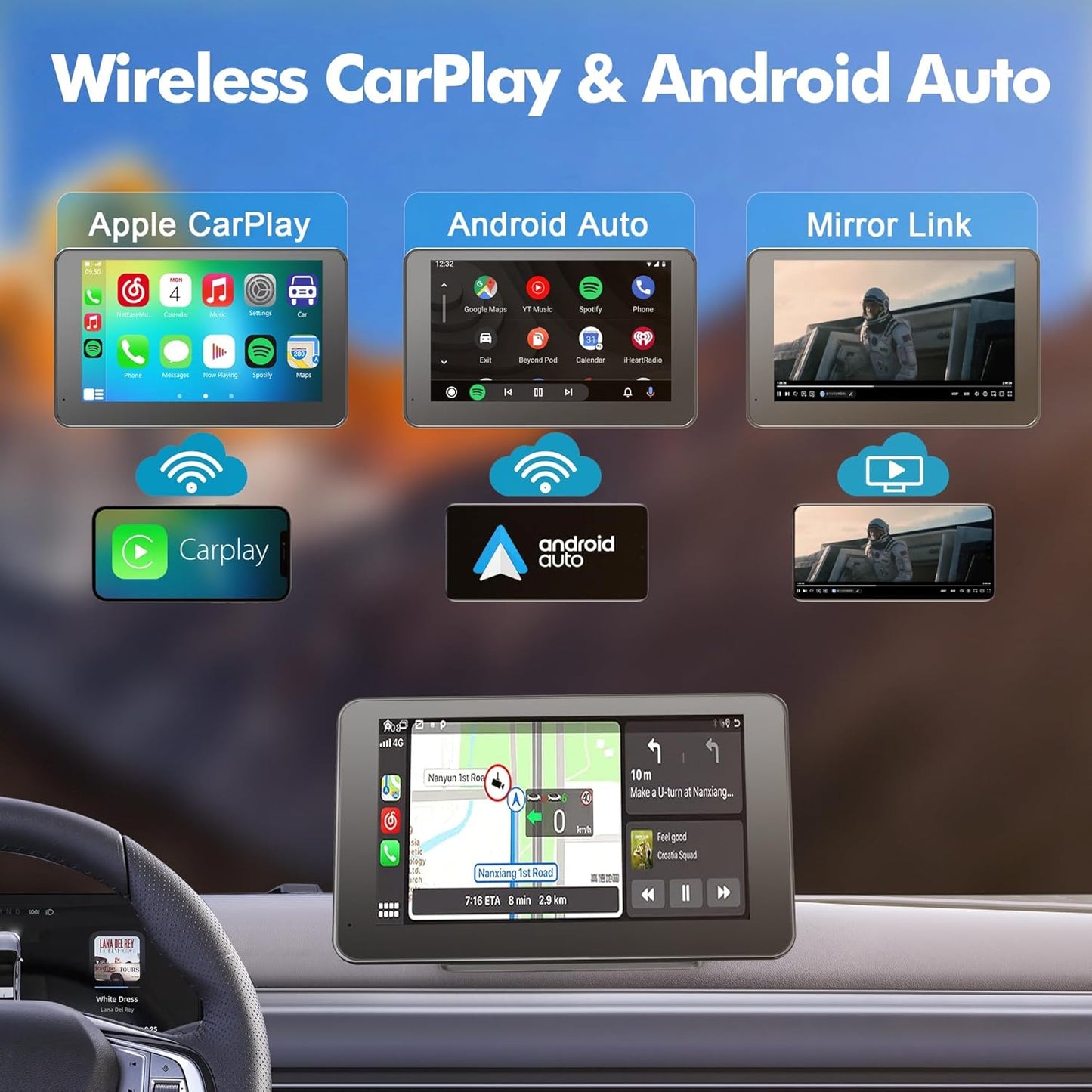 7” Portable CarPlay & Android Auto Display with Bluetooth & FM
