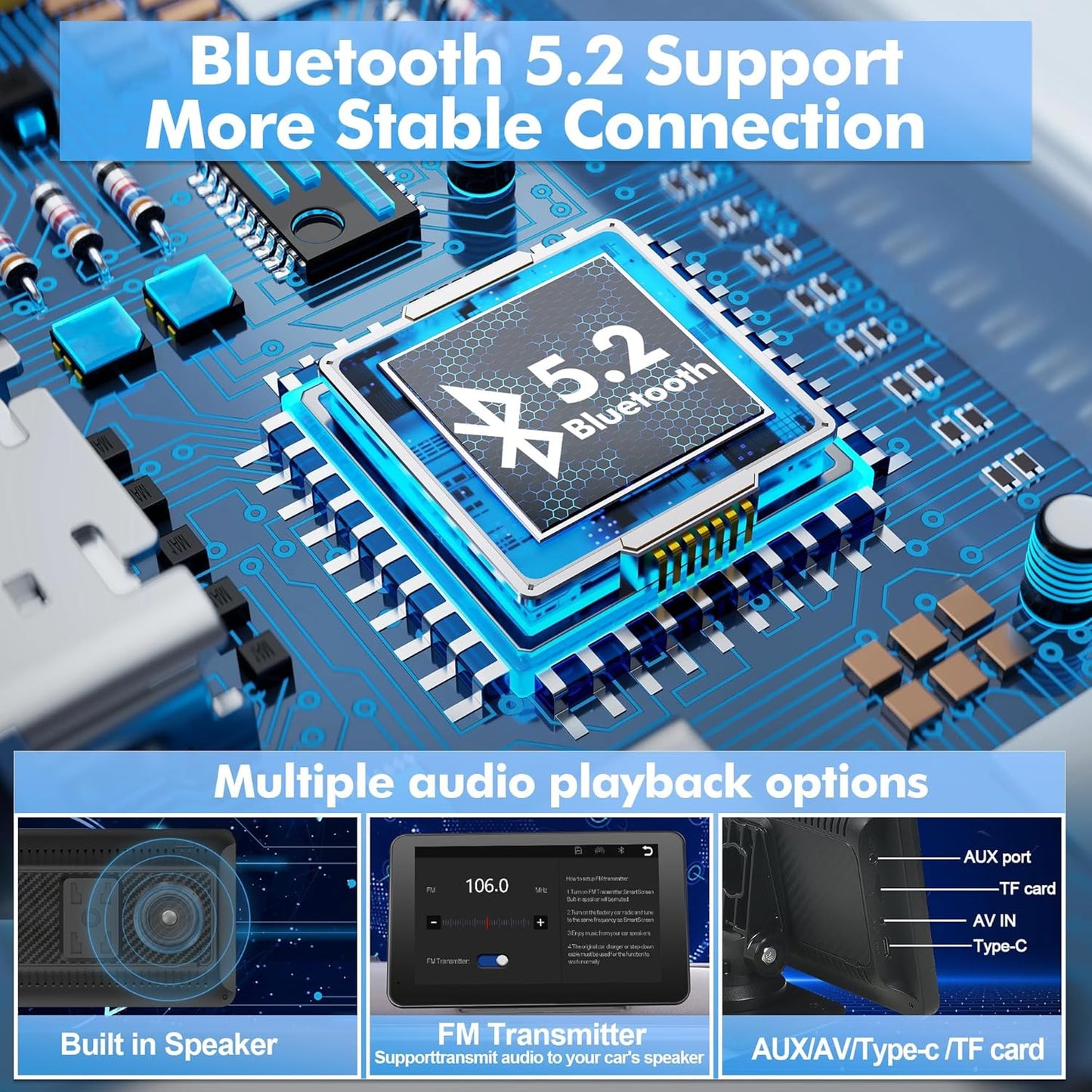 7” Portable CarPlay & Android Auto Display with Bluetooth & FM